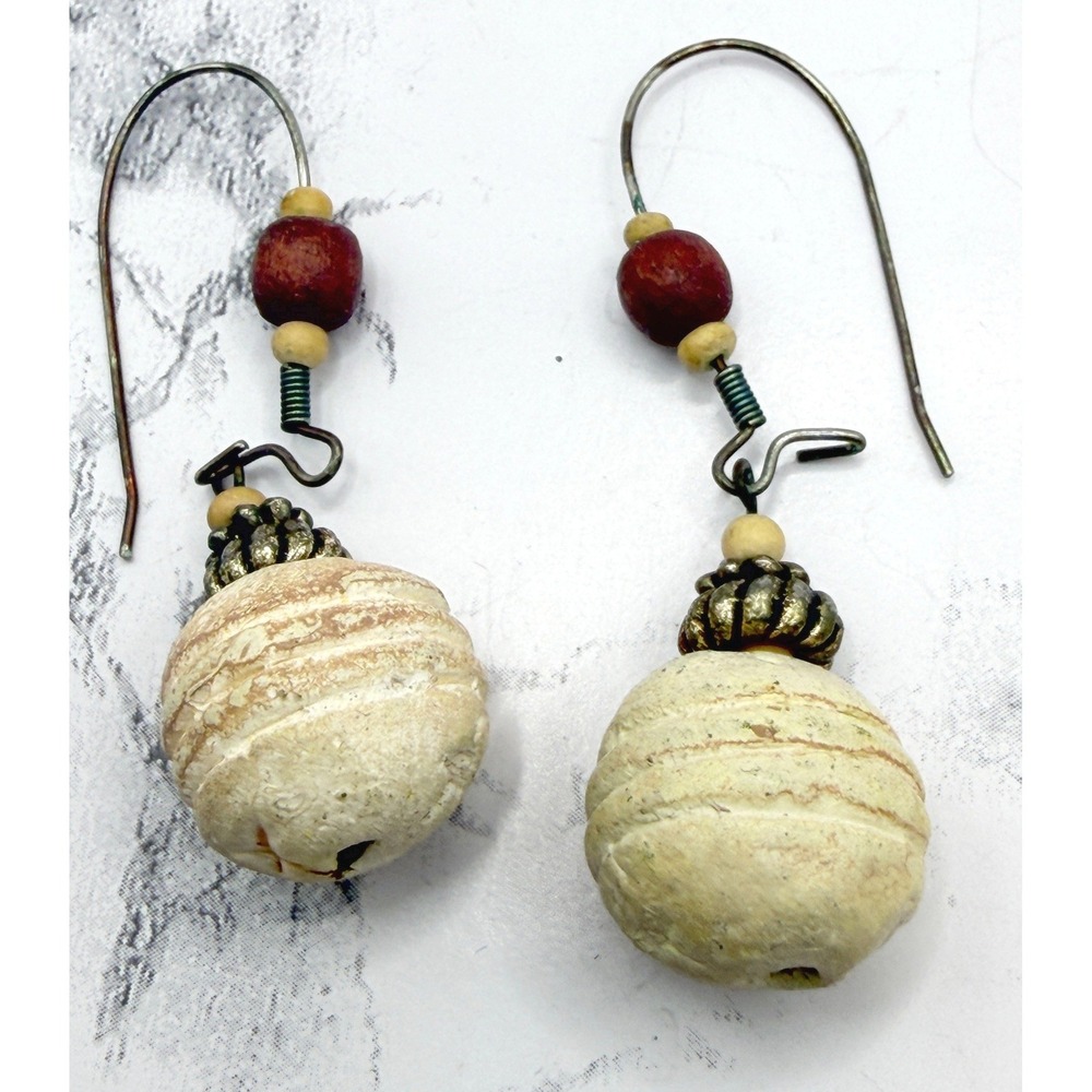Vintage Clay Bead Dangle Earrings Neutral Boho Ceramic Style Gold Wire